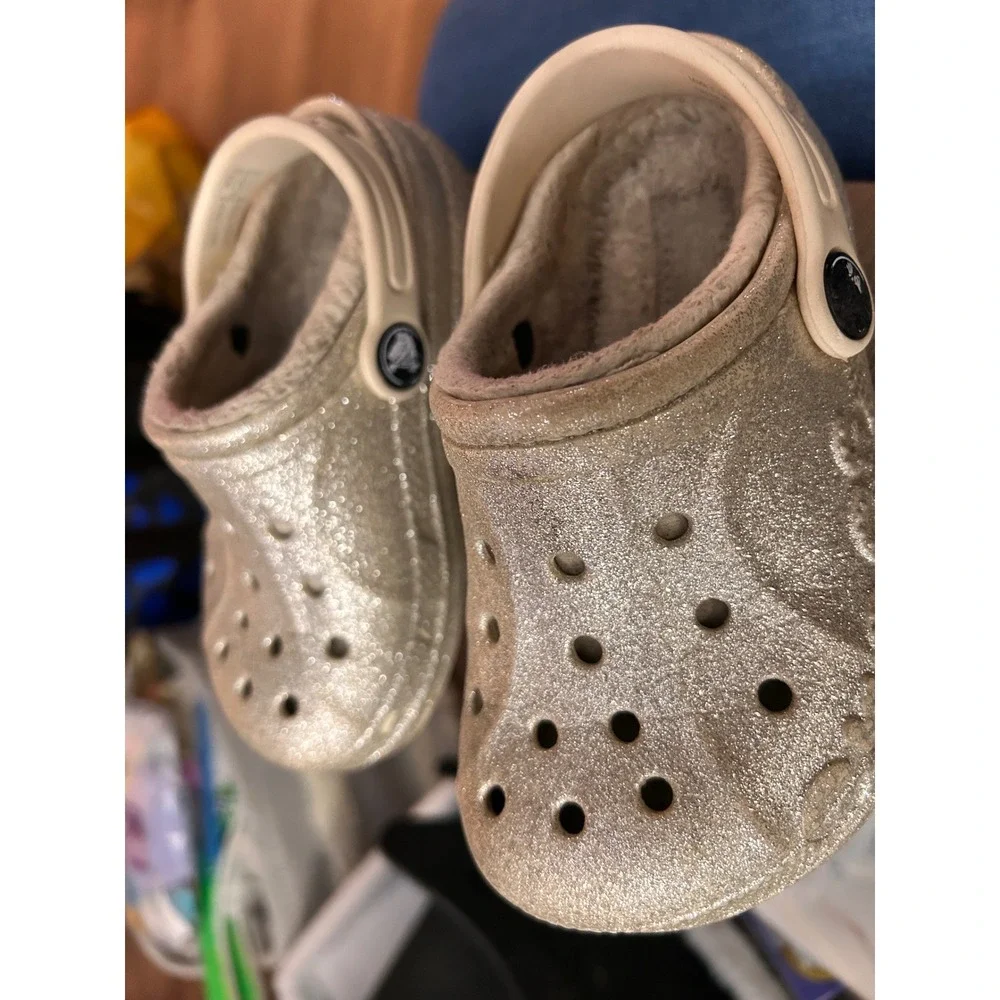 Kids Crocs Baya Lined Glitter Clogs Gold Unisex Toddler Slip‎ On Shoes
